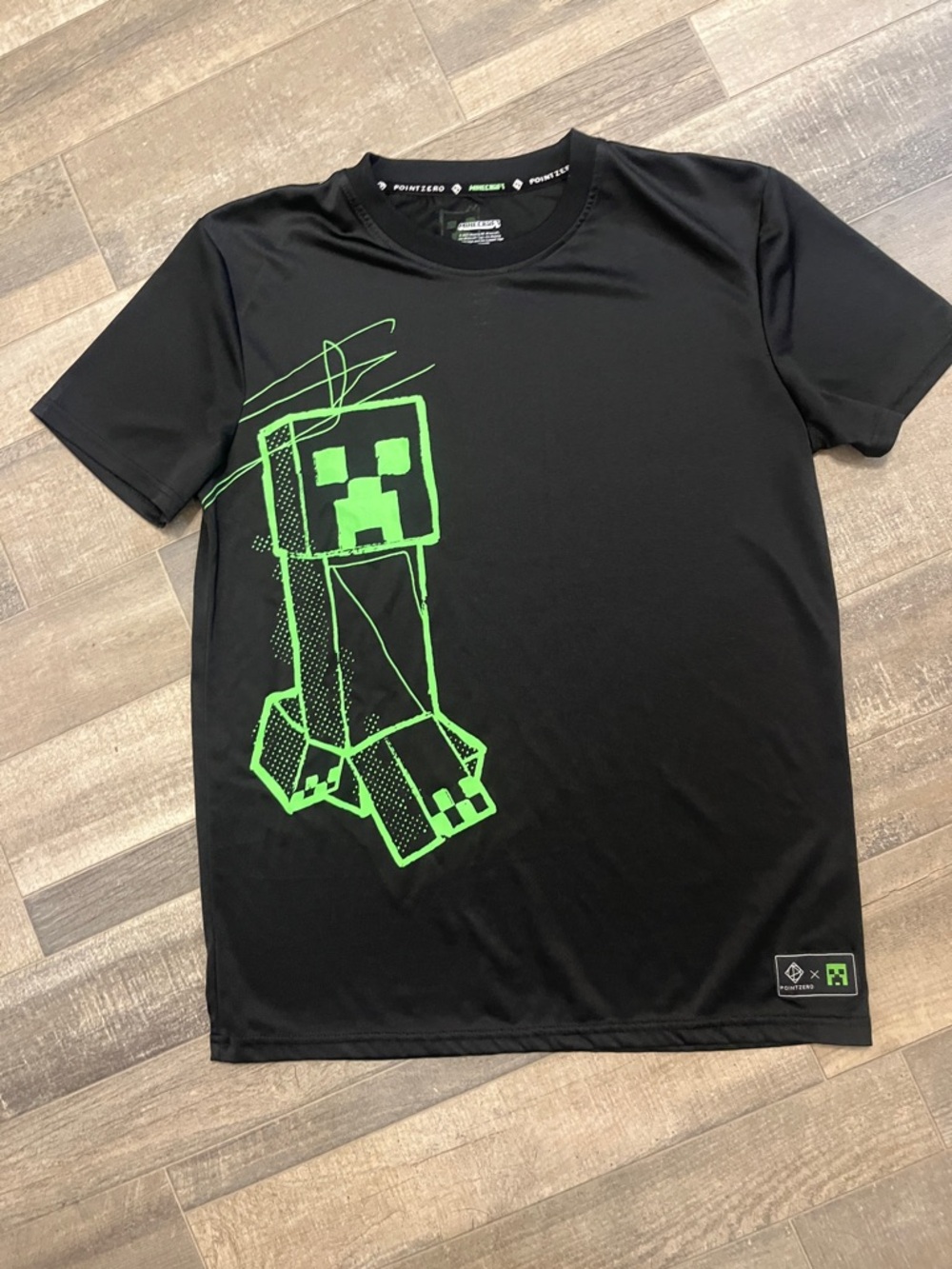 Point Zero Black T‑Shirt with Neon Green Minecraft Creeper Graphic